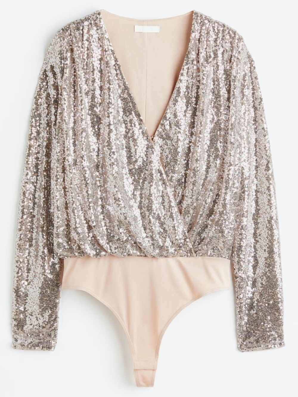 Lulu's Sequin Surplice Bodysuit in Light Beige and Silver